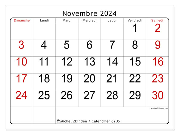 62DS, calendrier novembre 2024, pour imprimer, gratuit.