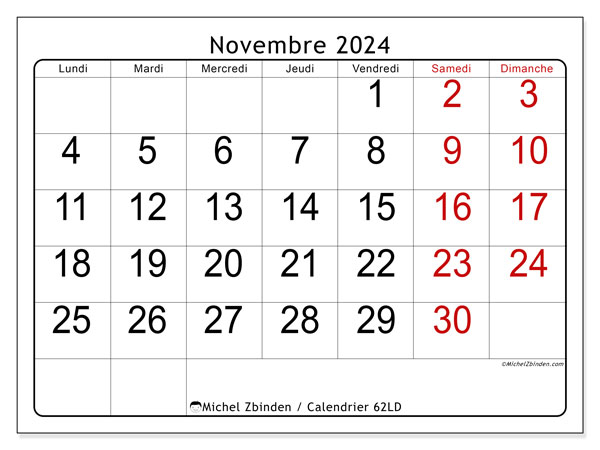 62LD, calendrier novembre 2024, pour imprimer, gratuit.