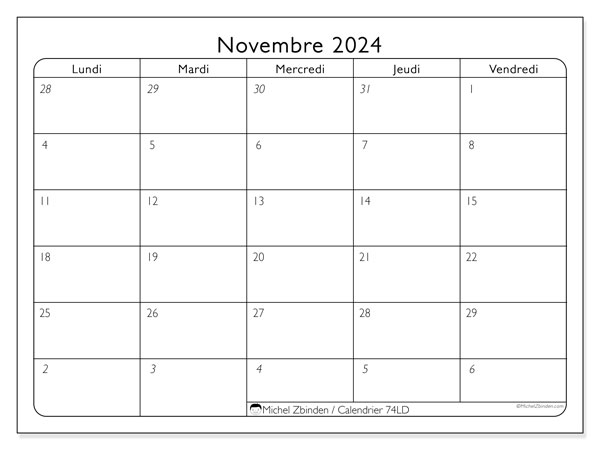 74LD, calendrier novembre 2024, pour imprimer, gratuit.