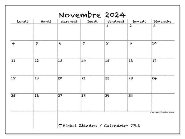 77LD, calendrier novembre 2024, pour imprimer, gratuit.