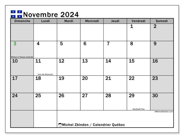Calendrier novembre 2024 “Québec”. Calendrier à imprimer gratuit.. Dimanche à samedi