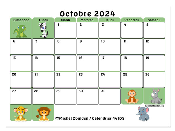 Calendrier octobre 2024 “441”. Plan à imprimer gratuit.. Dimanche à samedi