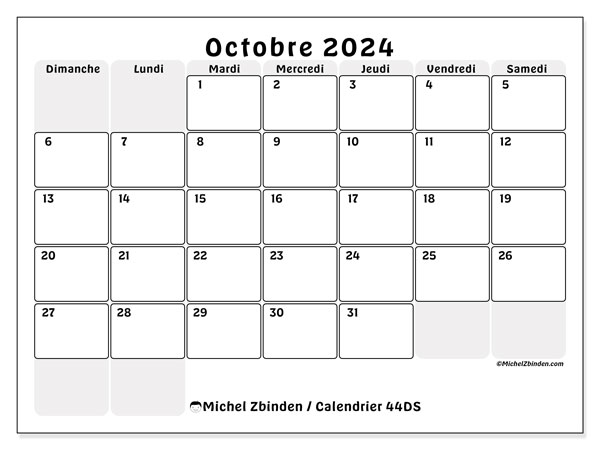 44DS, calendrier octobre 2024, pour imprimer, gratuit.