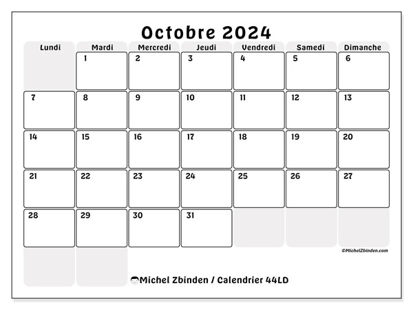44LD, calendrier octobre 2024, pour imprimer, gratuit.