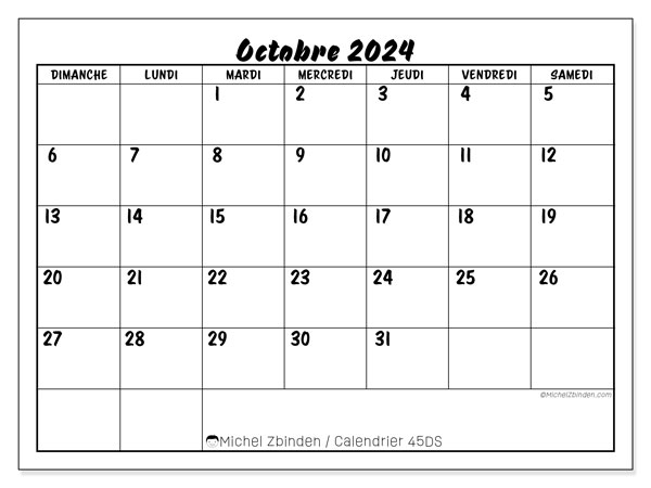 45DS, calendrier octobre 2024, pour imprimer, gratuit.
