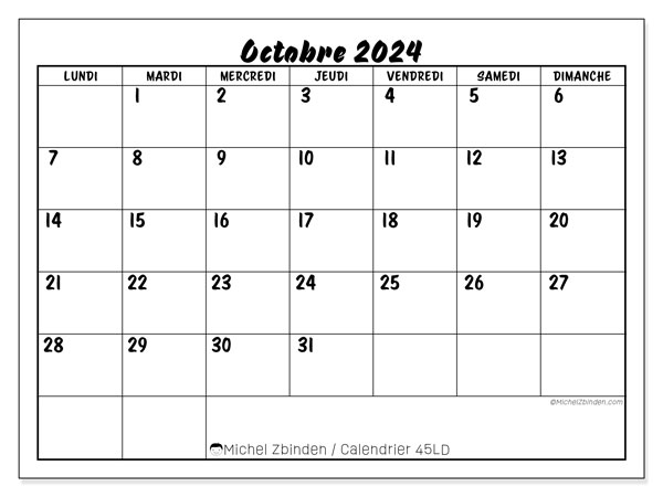 45LD, calendrier octobre 2024, pour imprimer, gratuit.