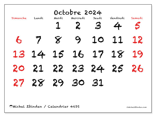 46DS, calendrier octobre 2024, pour imprimer, gratuit.