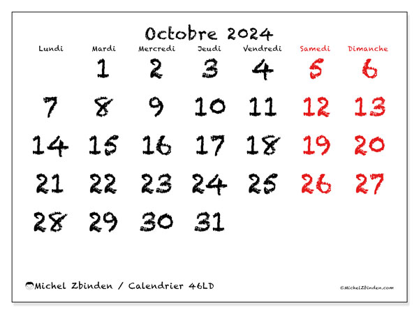 Calendrier à imprimer, octobre 2024, 46LD