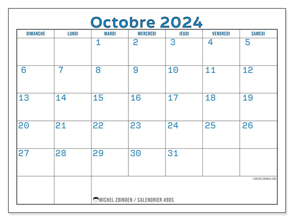 49DS, calendrier octobre 2024, pour imprimer, gratuit.