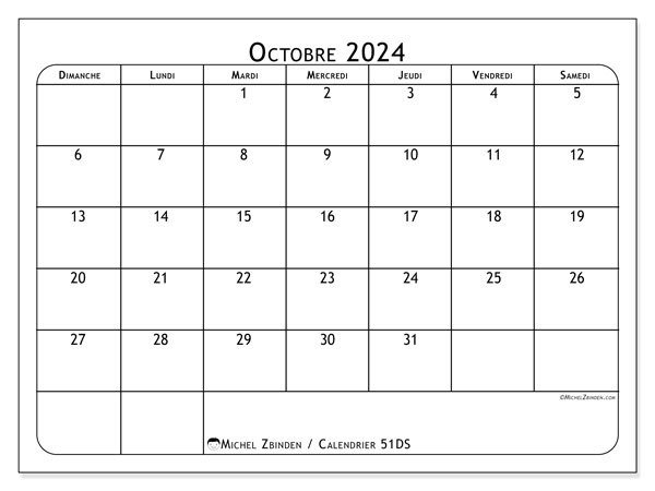 51DS, calendrier octobre 2024, pour imprimer, gratuit.
