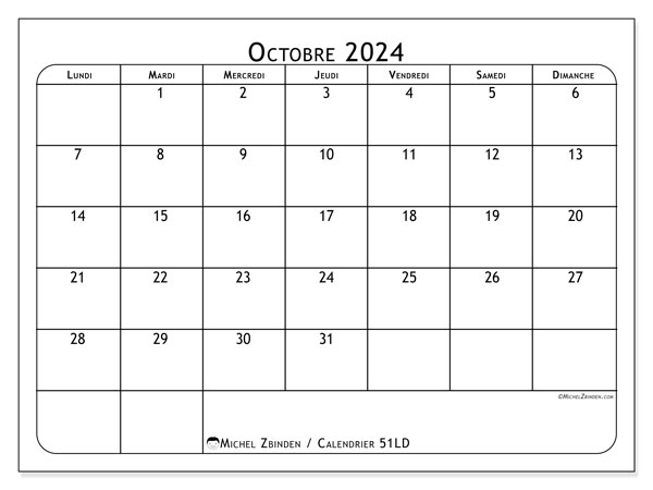 51LD, calendrier octobre 2024, pour imprimer, gratuit.