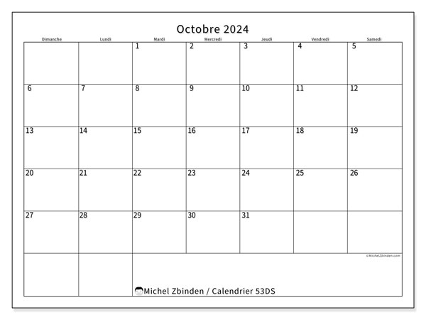53DS, calendrier octobre 2024, pour imprimer, gratuit.