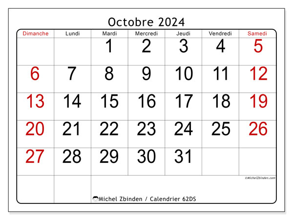 62DS, calendrier octobre 2024, pour imprimer, gratuit.