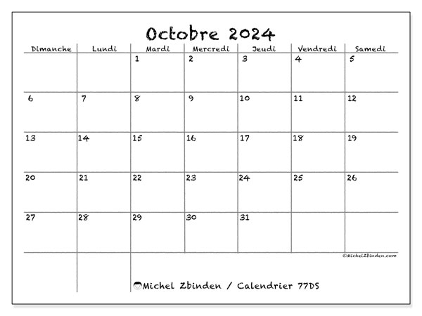 Calendrier octobre 2024 “77”. Programme à imprimer gratuit.. Dimanche à samedi