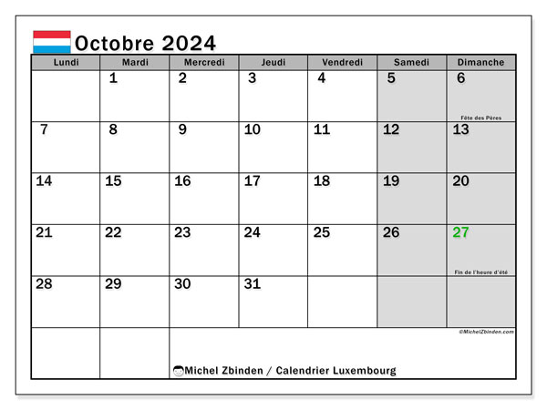 Calendrier octobre 2024 “Luxembourg”. Planning à imprimer gratuit.. Lundi à dimanche