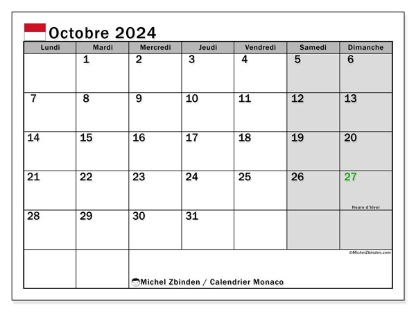 Calendário Outubro 2024, Mónaco (FR). Mapa gratuito para impressão.