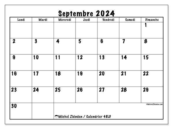 Calendrier septembre 2024, 48DS. Planning à imprimer gratuit.