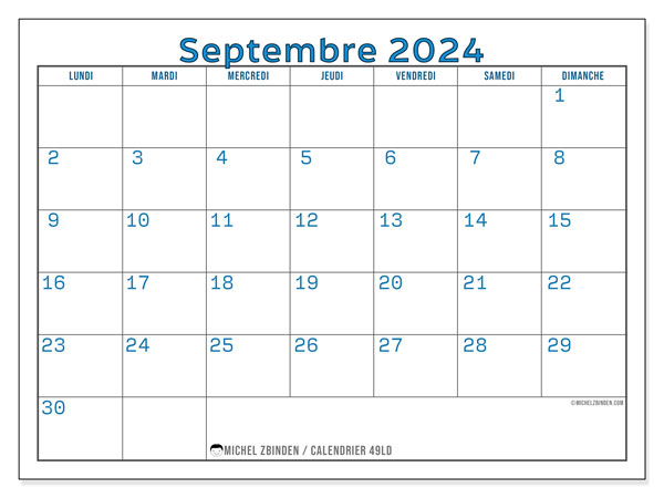 Calendrier septembre 2024, 49LD. Planning à imprimer gratuit.