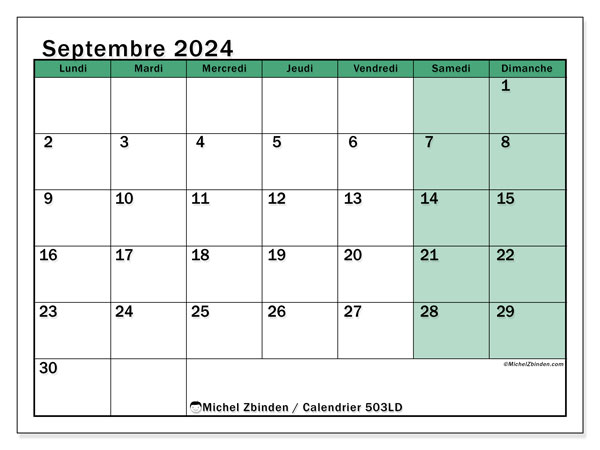 Calendrier septembre 2024 “503”. Journal à imprimer gratuit.. Lundi à dimanche