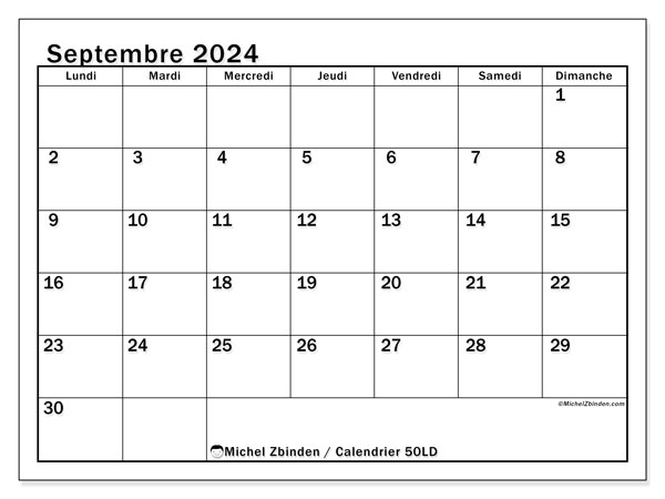 Calendrier septembre 2024 “50”. Journal à imprimer gratuit.. Lundi à dimanche