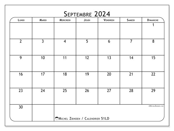 Calendrier septembre 2024 “51”. Journal à imprimer gratuit.. Lundi à dimanche