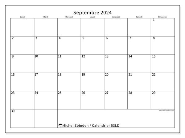 Calendrier septembre 2024 “53”. Calendrier à imprimer gratuit.. Lundi à dimanche