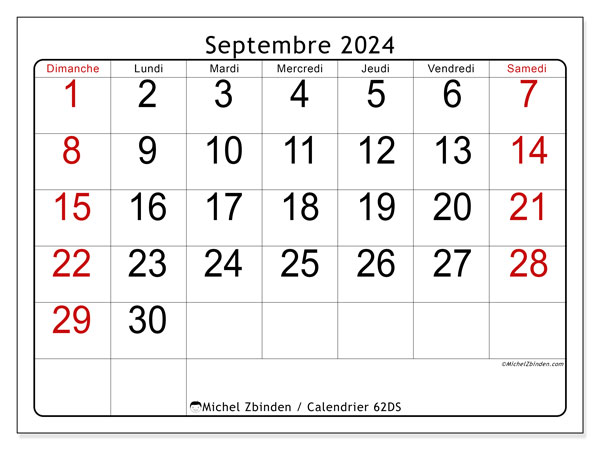 Calendrier septembre 2024 “62”. Programme à imprimer gratuit.. Dimanche à samedi