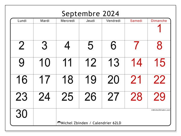 Calendrier septembre 2024 “62”. Programme à imprimer gratuit.. Lundi à dimanche