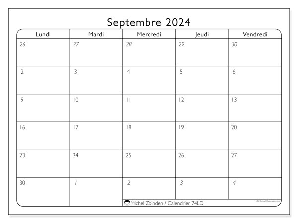 Calendrier septembre 2024 “74”. Plan à imprimer gratuit.. Lundi à vendredi