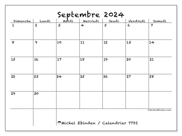 Calendrier septembre 2024 “77”. Programme à imprimer gratuit.. Dimanche à samedi