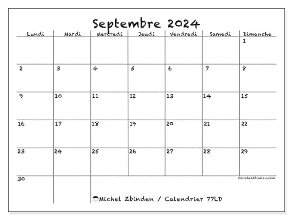 Calendrier septembre 2024 “77”. Programme à imprimer gratuit.. Lundi à dimanche