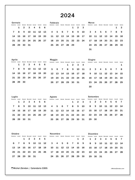 Calendario annuale 2024 “33”. Piano da stampare gratuito.. Da domenica a sabato