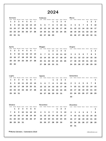 Calendario annuale 2024, 33LD. Orario da stampare gratuito.