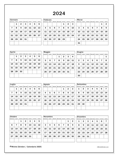 Calendario annuale 2024 “36”. Programma da stampare gratuito.. Da domenica a sabato