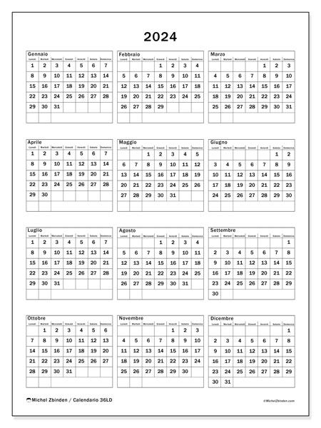 Calendario annuale 2024 “36”. Programma da stampare gratuito.. Da lunedì a domenica