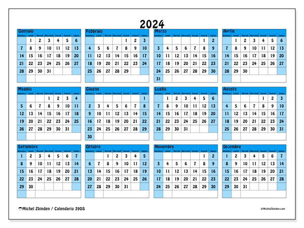 Calendario annuale 2024 “39”. Orario da stampare gratuito.. Da domenica a sabato
