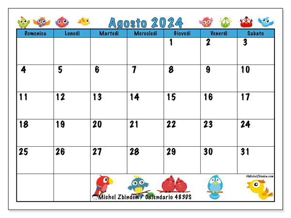 Calendario agosto 2024 “483”. Piano da stampare gratuito.. Da domenica a sabato