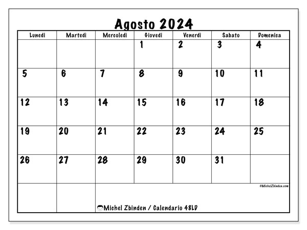 Calendario agosto 2024 “48”. Calendario da stampare gratuito.. Da lunedì a domenica