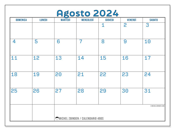 Calendario agosto 2024 “49”. Piano da stampare gratuito.. Da domenica a sabato