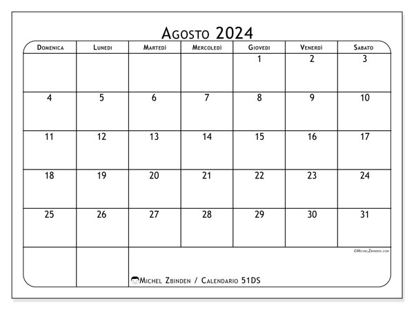 Calendario agosto 2024 “51”. Calendario da stampare gratuito.. Da domenica a sabato