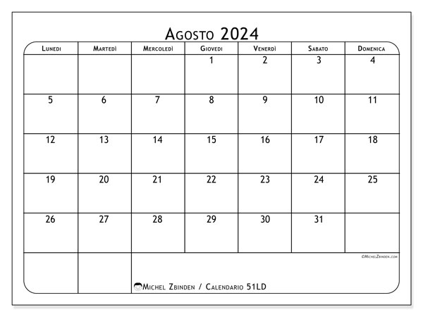 Calendario agosto 2024 “51”. Calendario da stampare gratuito.. Da lunedì a domenica
