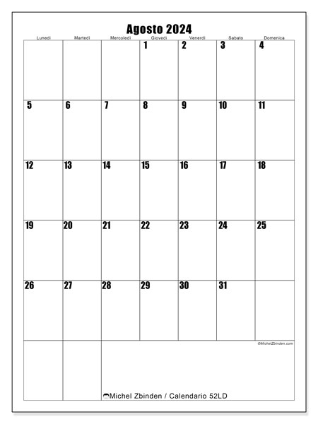Calendario agosto 2024 “52”. Programma da stampare gratuito.. Da lunedì a domenica