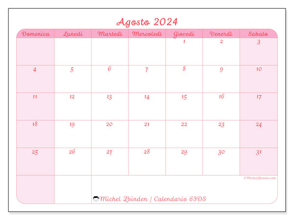 Calendario agosto 2024 “63”. Piano da stampare gratuito.. Da domenica a sabato