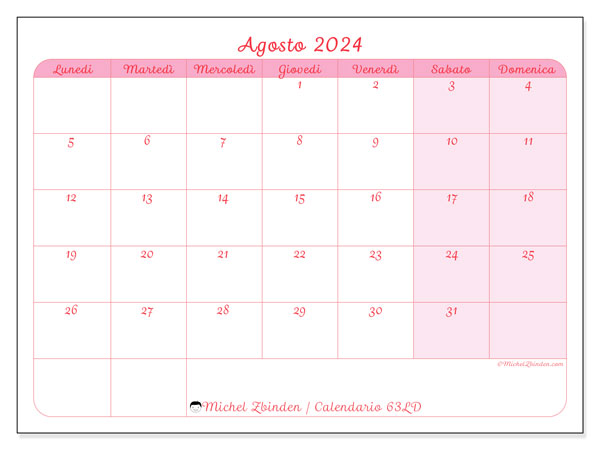 Calendario agosto 2024 “63”. Piano da stampare gratuito.. Da lunedì a domenica