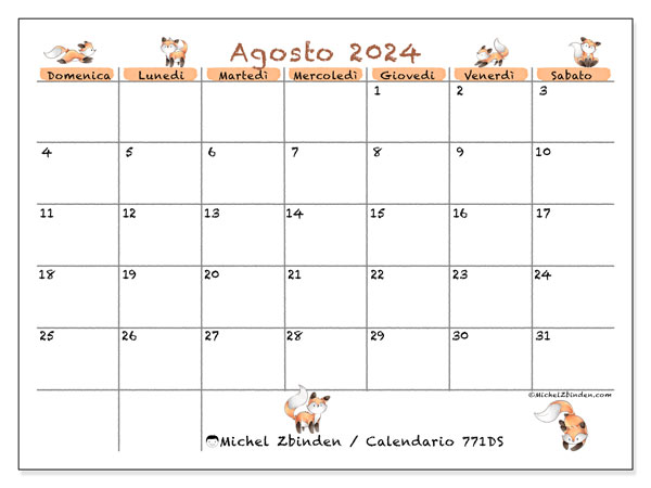 Calendario agosto 2024 “771”. Orario da stampare gratuito.. Da domenica a sabato