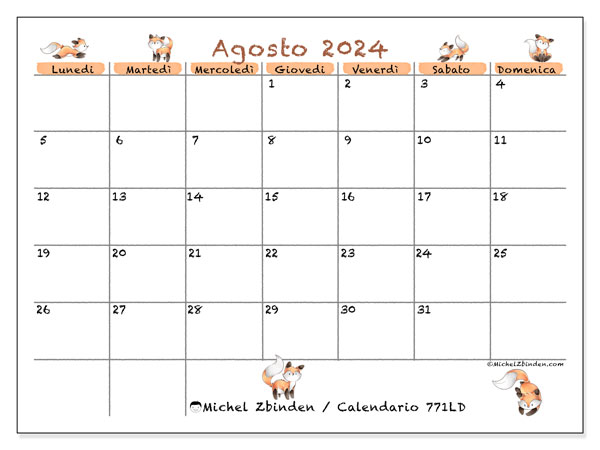 Calendario agosto 2024 “771”. Orario da stampare gratuito.. Da lunedì a domenica