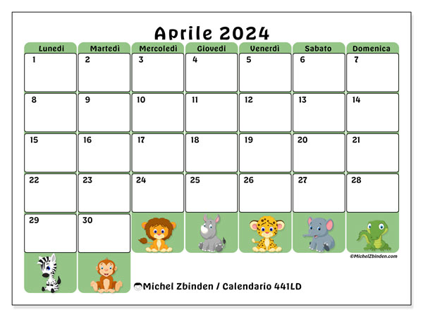 Calendario aprile 2024 “441”. Piano da stampare gratuito.. Da lunedì a domenica