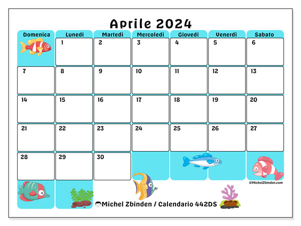 Calendario aprile 2024 “442”. Calendario da stampare gratuito.. Da domenica a sabato
