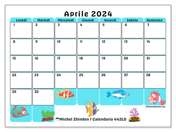 Calendario aprile 2024 “442”. Calendario da stampare gratuito.. Da lunedì a domenica
