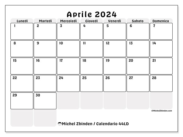 Calendario aprile 2024 “44”. Calendario da stampare gratuito.. Da lunedì a domenica
